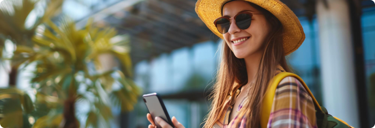 Lächelnde Frau mit Hut und Sonnenbrille, die unterwegs ein Smartphone benutzt, mit Palmen und einem modernen Gebäude im Hintergrund.