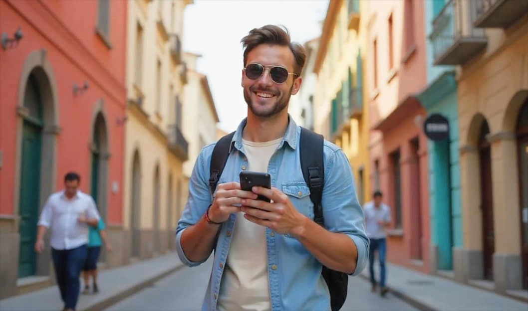 Smiling man with a backpack walking down a colorful city street, holding his phone and enjoying his trip.