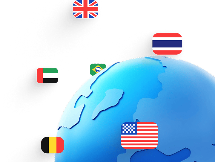 Stylized globe with floating country flags, including the UK, USA, Thailand, UAE, Brazil, and Belgium—representing international travel or global connectivity.