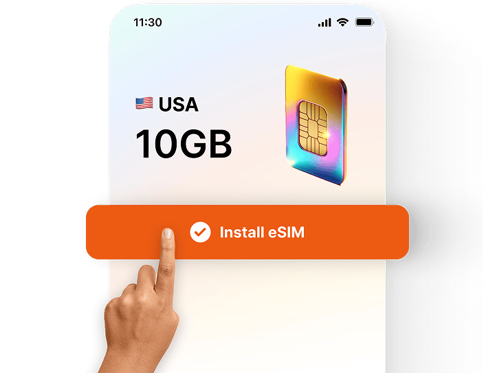 A hand tapping the “Install eSIM” button on a phone screen showing a 10 GB USA data plan with a colorful digital SIM card icon.