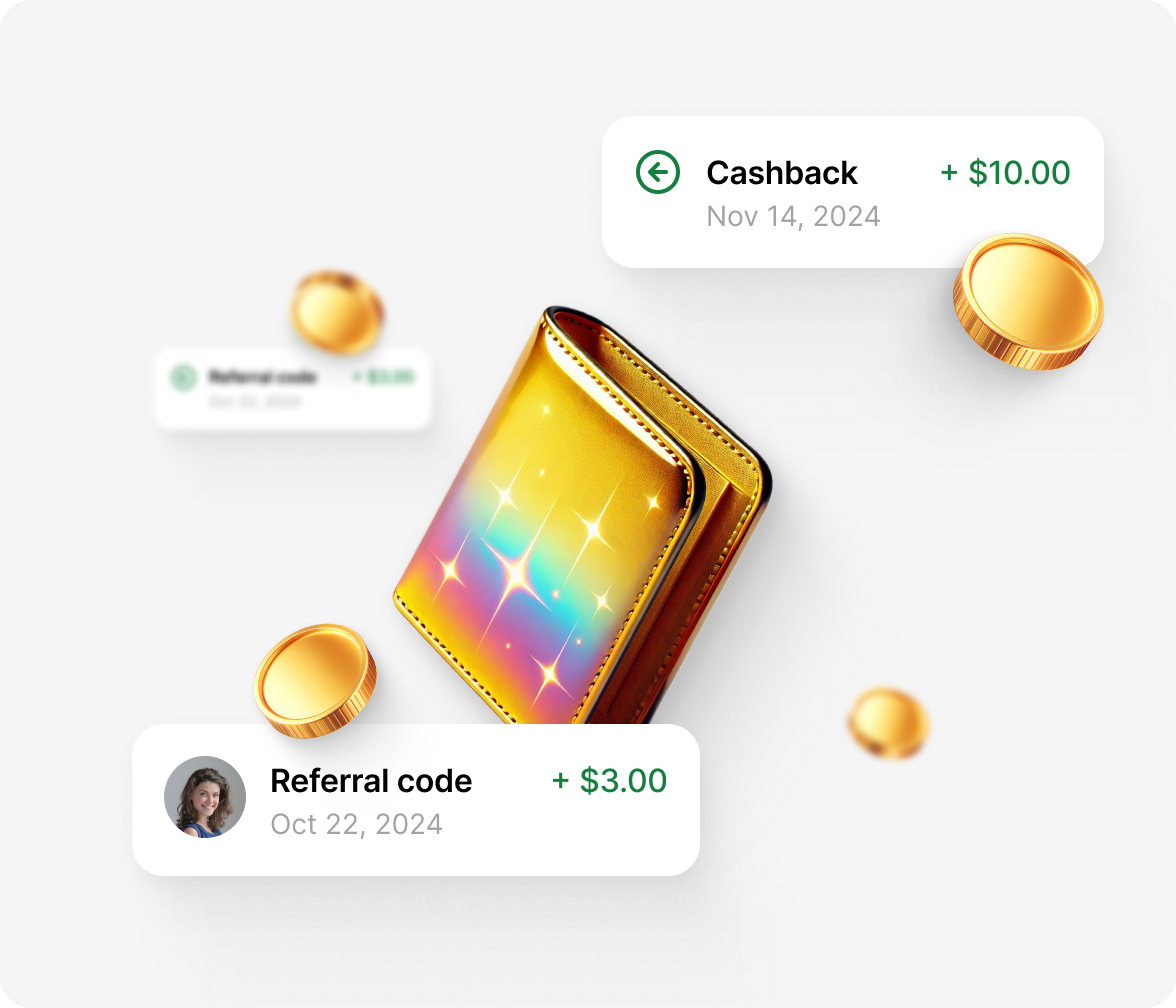 A golden wallet surrounded by coins and cashback rewards, showing bonus earnings from referrals and purchases.