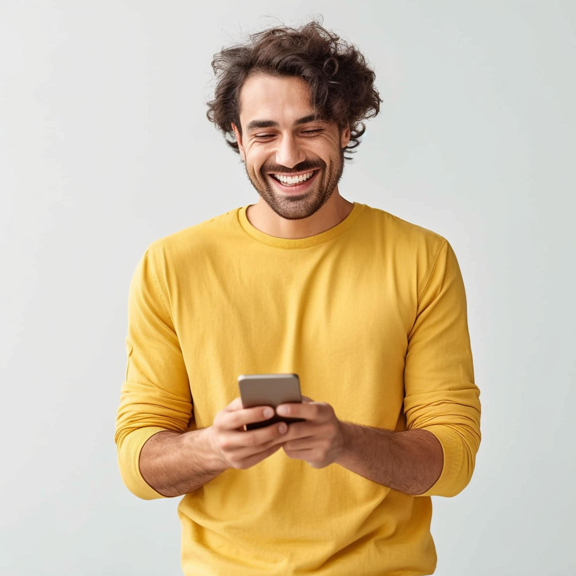 Smiling man in a yellow sweater looking at his phone, standing against a light background.